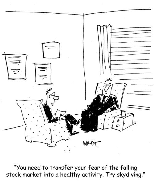 You need to transfer your fear of the falling stock market into a healthy activity. Try skydiving.