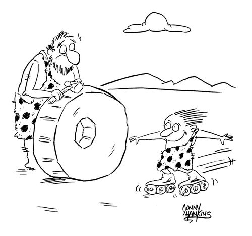 Caveman's son on stone inline skates