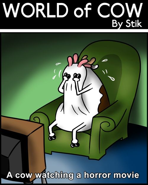 A Cow watching a horror movie.
