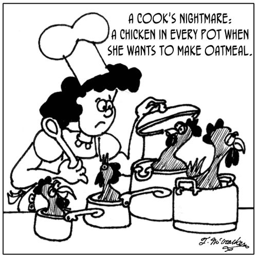 A cook's nightmare: A chicken in every pot when she wants to make oatmeal.