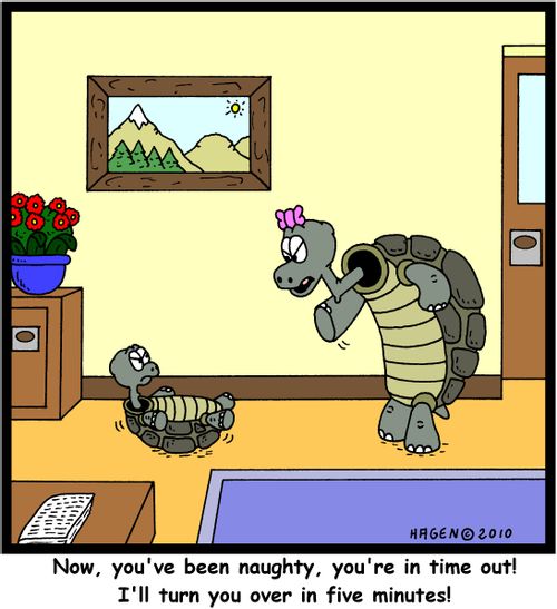 'Now, you've been naughty, you're in time out! I'll turn you over in five minutes!'