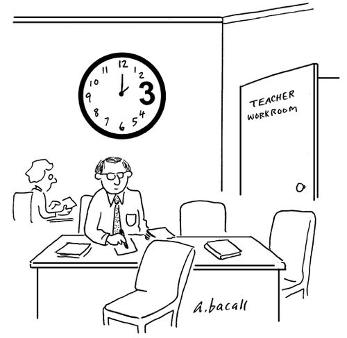 Teachers' workroom has clock with large 3:00