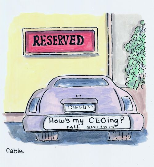 Reserved parking space occupied by large car with bumper sticker that reads 'How's my CEOing, call . . . '