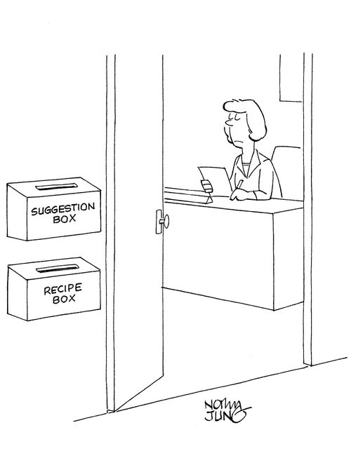 Woman manager has suggestion box and a recipe box outside her office.