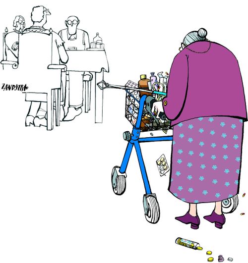 Old woman with trolley full of medication.