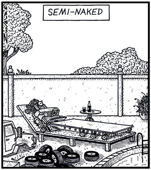 Semi-naked A stripped Semi-trailer Truck sunbathing by the pool naked