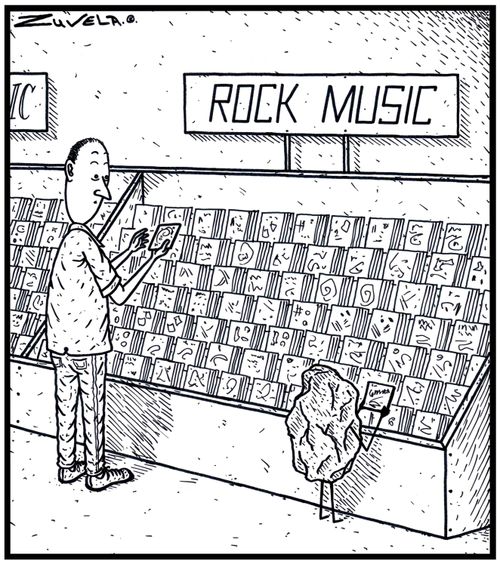 A Rock has turned up to a Music store to find some Rock music