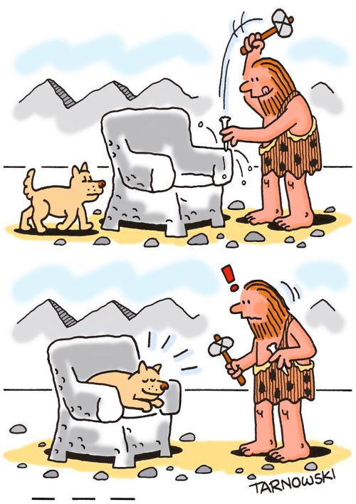 Caveman invents an armchair and his dog sits in it.