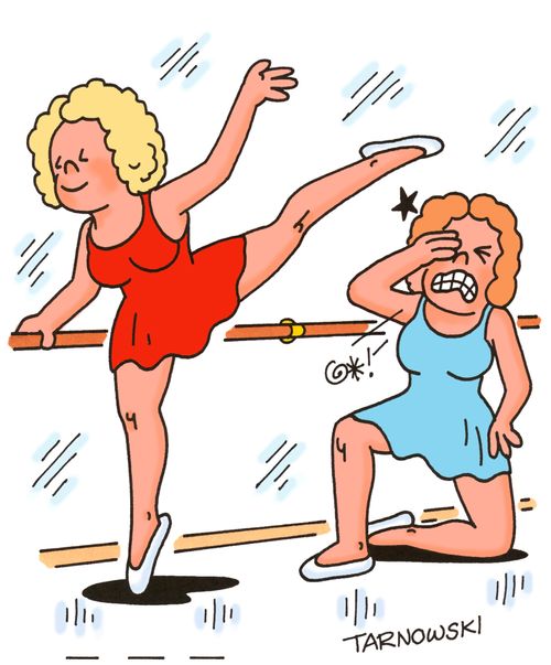 Ballerina kicking another dancer in the face.