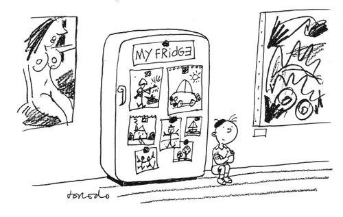 Fridge with child's drawings in an art exhibition.