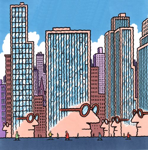 Skyscrapers made from hair (colour).