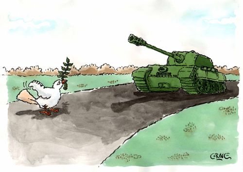 Dove of peace trying to hitch a ride with a  tank