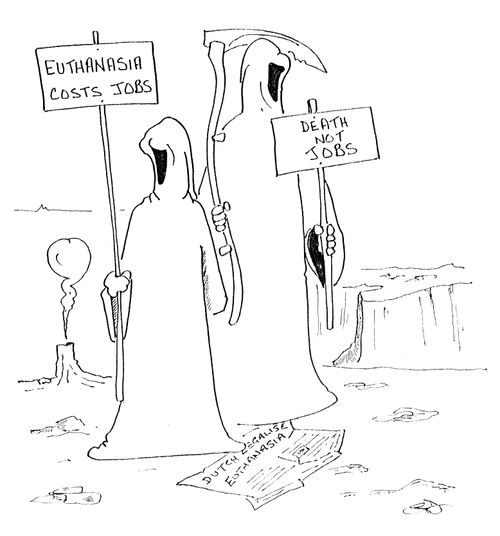 Grim Reapers protesting against euthanasia Death Not Jobs