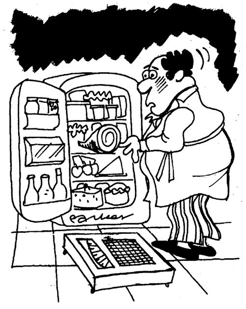 Fat man put off raiding the fridge by the scales left in front of it.