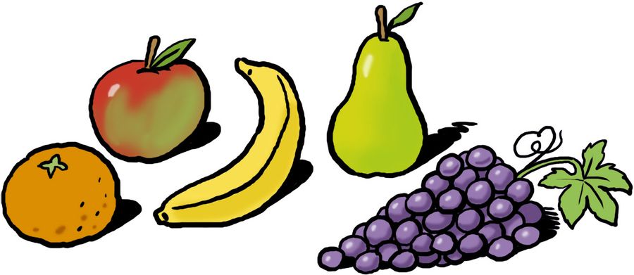 An orange,apple,banana,pear and bunch of grapes.