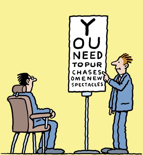 Man reads subliminal message during eye test.
