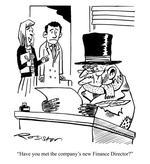 Scrooge at desk. Woman says: 'Have you met the company's new Finance Director?'
