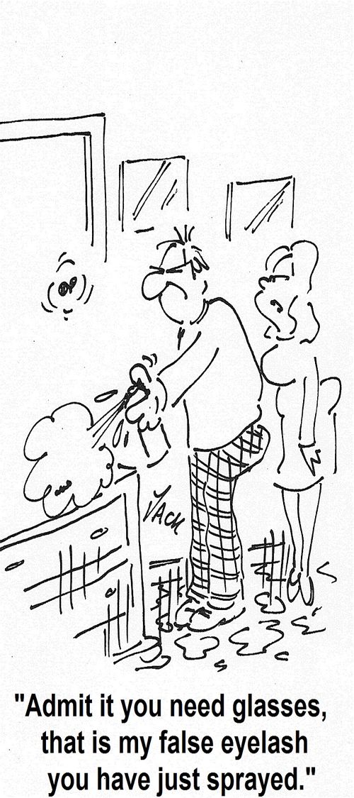 'Admit it you need glasses, that is my false eyelash you have just sprayed.'