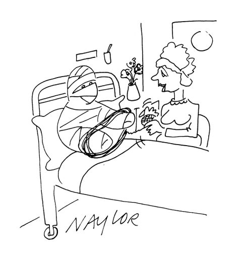 Patient in Traction Helps Nurse Wind Wool.