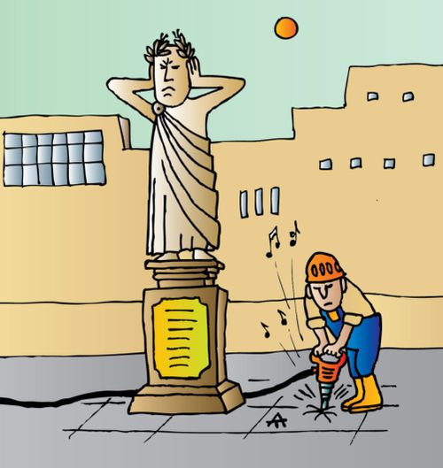 A builder with a noisy jackhammer disturbs a statue.