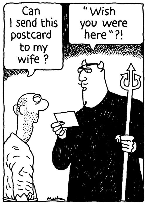 'Can I send this postcard to my wife?' ''Wish you were here'?!'