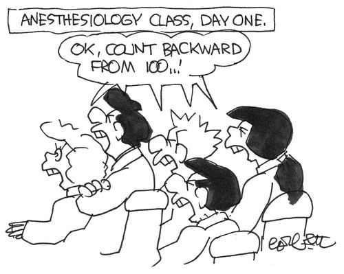Anesthesiology class, day one: 'OK, count backward from 100...'