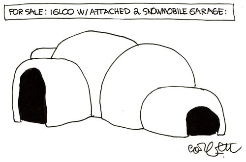 'For sale: Igloo w/attached 2 snowmobile garage.'