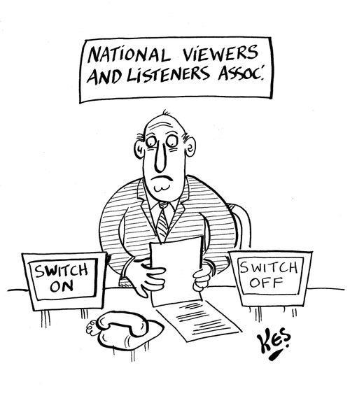 Man from 'National Viewers and Listeners Association sits at work boxes titled; 'Switch on' and 'Switch off'.