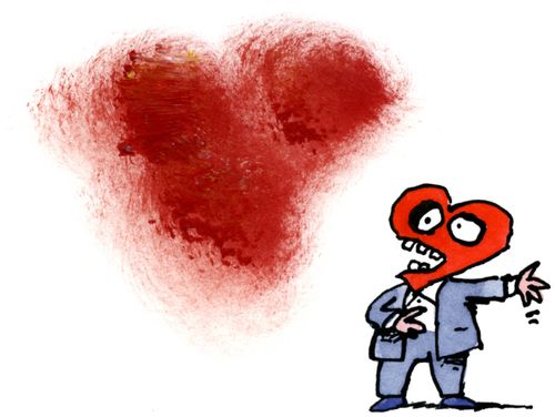 A man with heart shaped head singing to a fuzzy flying heart