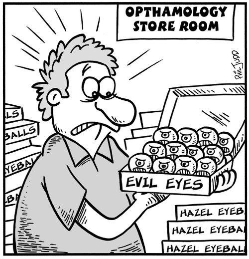Guy in Opthamology Store Room getting Evil Eyeballs.