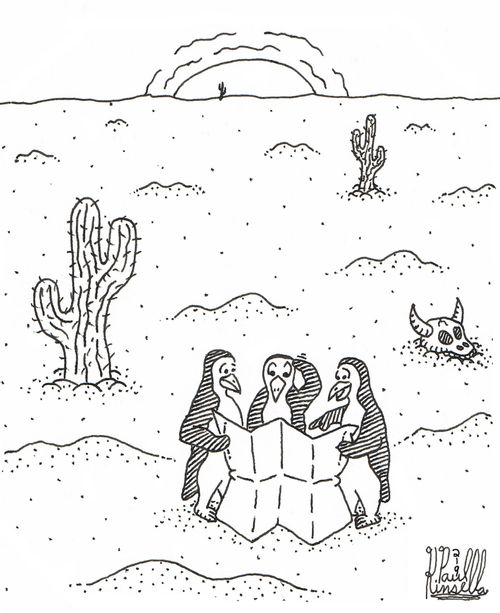 Lost penguins reading map in desert.