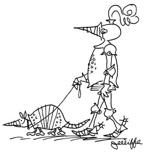 Knight takes armadillo for a walk.                                                                                          
