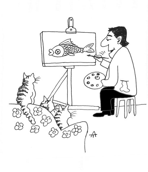 Cats watching an artist painting a fish.