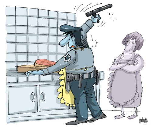 Police husband tenderising the meat with his riot baton.