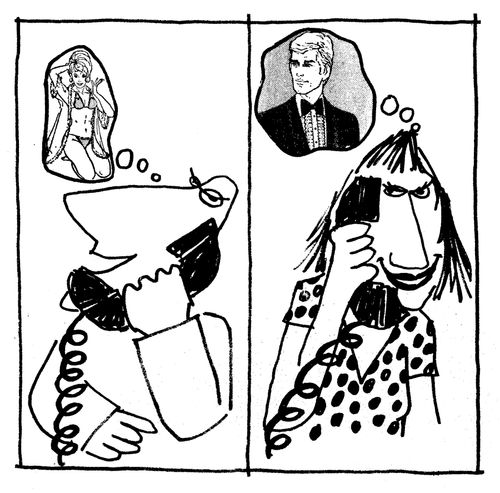 Phone Dating: Man imagines a gorgeous girl while woman thinks of a handsome man.