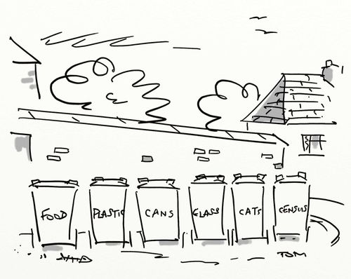 Recycling bin for census questionnaires. 