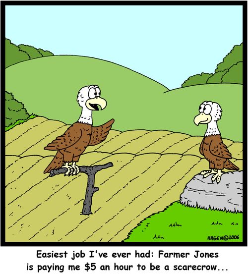 'Easiest job I've ever had: Farmer Jones is paying me $5 an hour to be a scarecrow...'