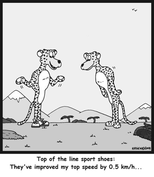 'Top of the line sport shoes: They've improved my top speed by 0.5 kmh...'