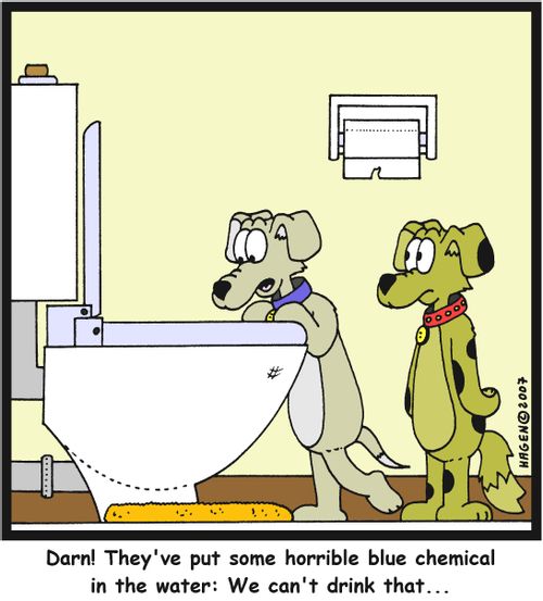 'Darn! They've put some horrible blue chemical in the water: We can't drink that...'