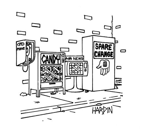 Spare change donation machine next to vending machines.