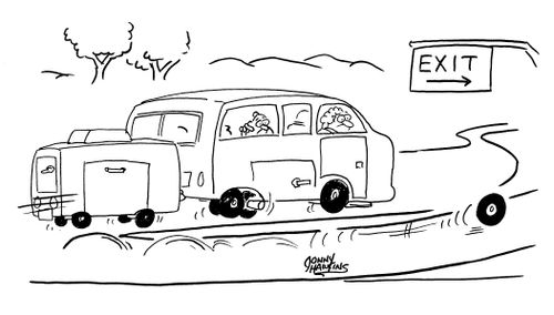 Caravan going one way, wheel going another.