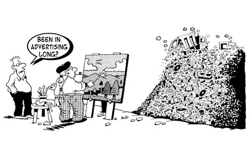 'Been in advertising long?' man asks painter, who's painting a pile of rubbish as a beautiful countryside scene.