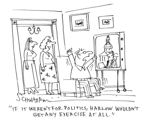 'If it weren't for politics, Harlow wouldn't get any exercise at all.'