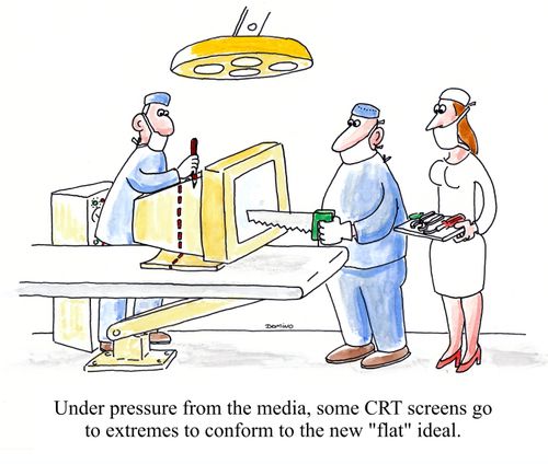 Under pressure from the media, some CRT screens go to extremes to conform to the new 'flat' ideal.
