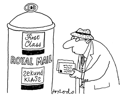 Post box with 'First Class' and 'Sekund Klass' slots.