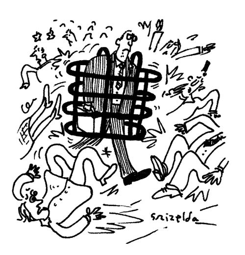 Man In Cage Getting Through Passers By