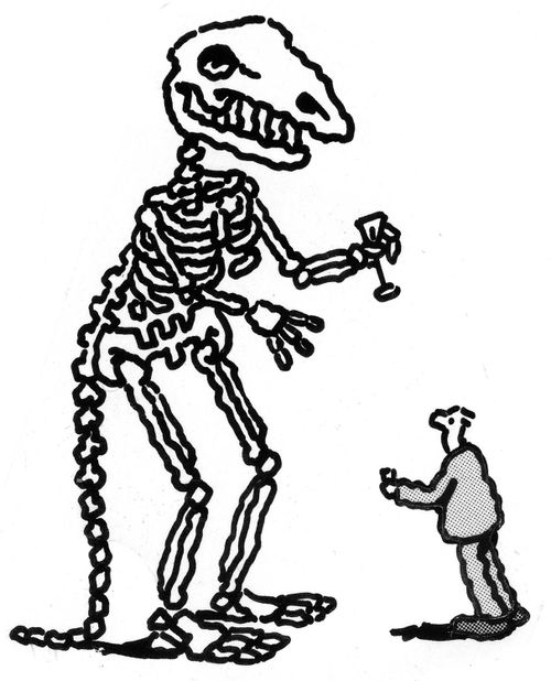 Dinosaur skeleton with a cocktail glass.