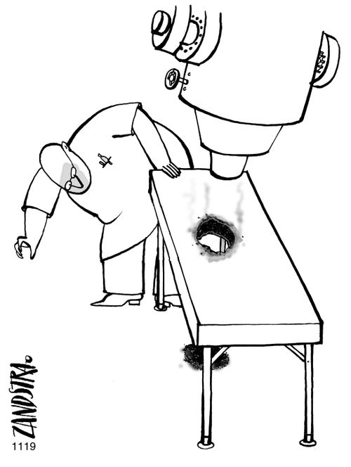 Surgical equipment burning a hole through the table.