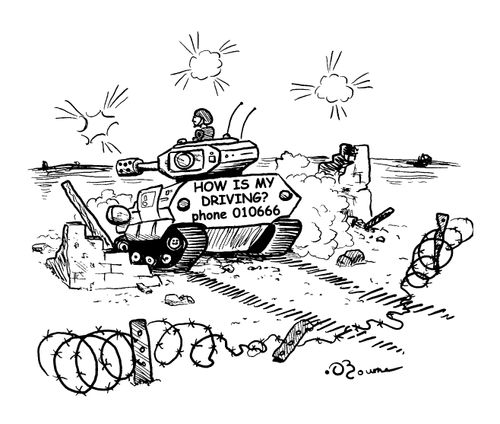 Tank with a 'How is my driving' sticker
