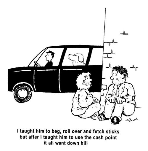 "I taught him to beg, roll over and fetch sticks but after I taught him to use the cash point it all went down hill"